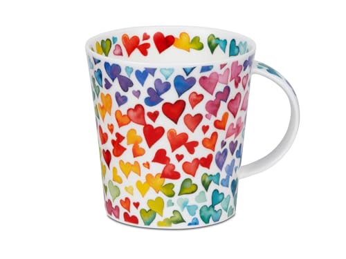 Dunoon Becher Cairngorm Lots of Love 0,48l Fine Bone China Porzellan 480ml Tasse Moderne Kaffeetasse mit farbenfrohem Herz Design | Hochwertige Qualität Spülmaschinenfest