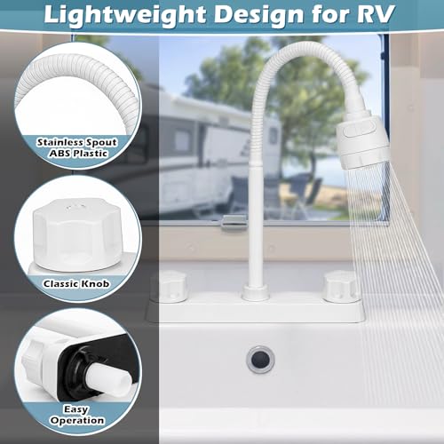 Image of 8 in RV Kitchen Faucet, XFIRE-GEAR Camper Faucet Kitchen with Flexible Arc 360 Degree Rotatable Dual Function Sprayer, RV Sink Faucets for Motorhomes, Travel Trailers (White)