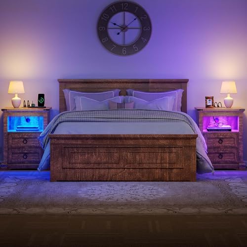 DWVO Nightstand Set of 2 with Charging Station, 2 Drawer Nightstand Farmhouse Night Stands Set of 2 End Table Side Tables Bedroom w/LED & Music Mode, Brown