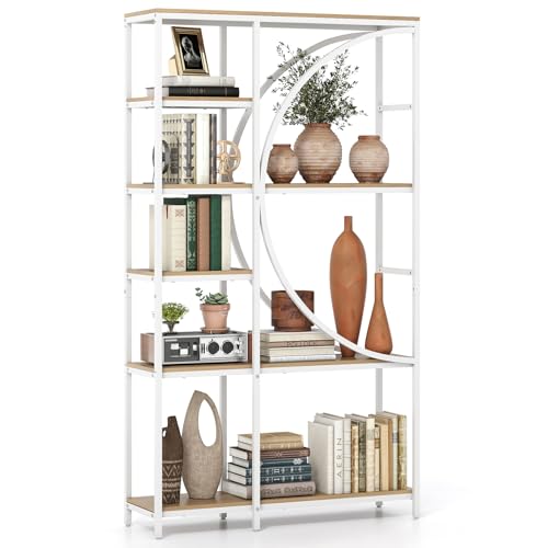 COSTWAY 5/6-Tier Bookshelf, Industrial Etagere Bookcase with Arc-Shaped Design and Open Shelves, Freestanding Metal Frame Tall Display Shelf Storage Organizer (Natural, 100 x 30 x 177 cm)