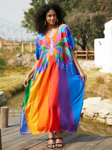 Image of IMAGEKOPE Kaftan Dresses for Women Plus Size Bathing Suit Cover up Vneck Batwing Dress Loose fit Moroccan Caftan mumu Dresses