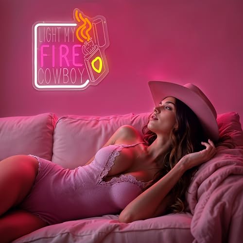 Image of LIGHT MY FIRE COWBOY Neon Sign, Valentine's Day Neon Signs for Wall Decor, Dimmable Acrylic Neon Lights for Room Bedroom Hotel Bar Pub Club Party Decorations, Perfect Gifts