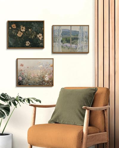 Image of KISSFOX Vintage Dark Green Flowers Framed Wall Art Moody Botanical Floral Canvas Art Summer Rustic Country Paintings Art Prints Modern Farmhouse Pictures Wall Decor For Kitchen Bedroom Girls Room
