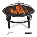 Sunjoy 29 in. Outdoor Fire Pit Black Steel Patio Fire Pit Backyard Wood Burning Fire Pit with Spark Screen and Fire Poker