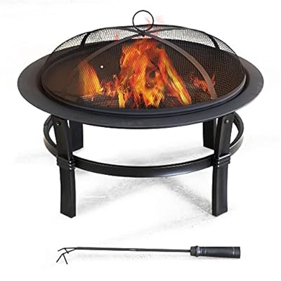 Sunjoy 29 in. Outdoor Fire Pit Black Steel Patio Fire Pit Backyard Wood Burning Fire Pit with Spark Screen and Fire Poker