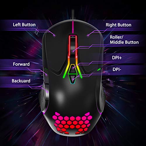 ONIKUMA Gaming Mouse Wired USB Optical Computer Mice with RGB Backlit, 6 Programmable Buttons, 6400 dpi Optical Sensor, Ergonomic Gaming Mice for PC Laptop Windows Mac