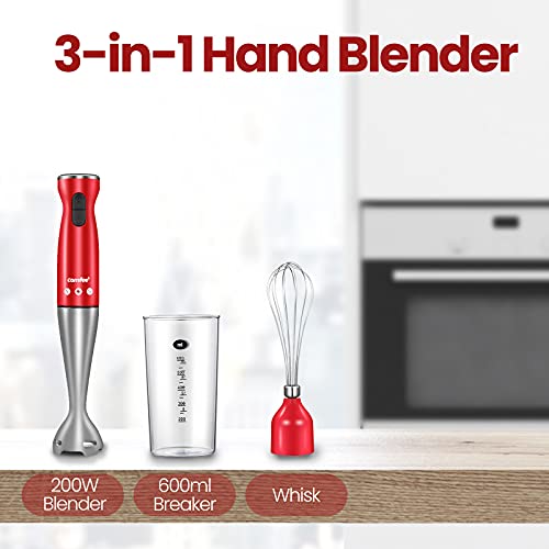 Comfee' Immersion Hand Blender, Brushed Stainless Steel, 2-Speed, Multipurpose Stick Blender With 200 Watts, 600Ml Mixing Beaker And Whisk, Perfect For Baby Food, Smoothies, Sauces And Soups, Red #TOP5
