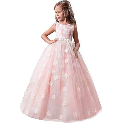 TTYAOVO Girls Pageant Princess Flower Dress Kids Prom Puffy Tulle Ball Gowns Size 6-7 Years Pink