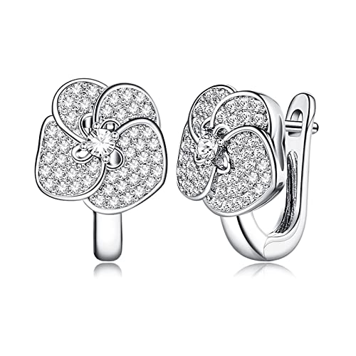 ZQHWYZ 18K White Gold Earrings for Women, Flower with Diamond Hoop Earrings for Women White Gold