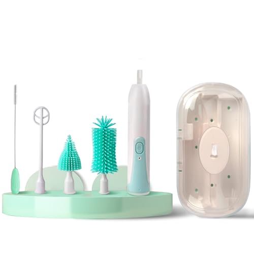 Image of AKBMOQ Electric Bottle Brush Cleaner,2 Mode & 360° Rotation Electric Baby Bottle Brush, Baby Bottle Brush Travel Set with Drying Rack，Silicone Bottle/Straw/Pacifier Brush(Green)