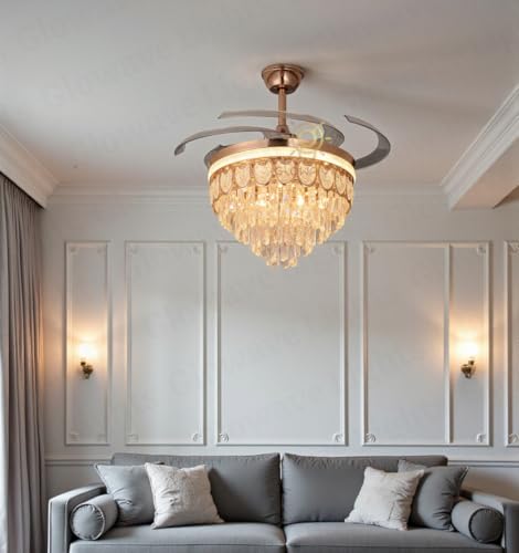 Image of Glowave 52 Inch Black Gold Crystal Chandelier Fan 3 Colors Light Speed Setting 6 Fan Blades Remote Control Ceiling Fan for Kitchen, Cafes, Hotels, Dining, Bar (FI 7680)