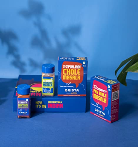 Image of CRISTA Irresistibly Indian Seasonings Gift Box | Biryani Masala, 45gms | Chole Masala, 100 gms | Pav Bhaji Masala, 100 gms | Bombay Sandwich Masala, 50 gms | Pack of 4 Diwali Gifts | 295 gms