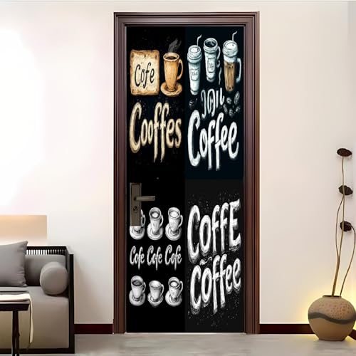 Pvc Adhesivo Pegatinas para Puertas Impermeable Extraíble Tema De Café Retro Vinilos Puerta Pegatina Negro Pared Murales Para Cocina Decorativos Hogar Arte 86x200 cm