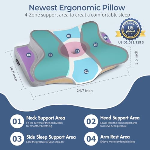 Image of Cervical Neck Pillow for Pain Relief, Contour Memory Foam Pillows for Sleeping, Ergonomic Pillow Orthopedic Cooling Pillow Bed Pillow Neck Support for Side Back Stomach Sleepers（Grey&White