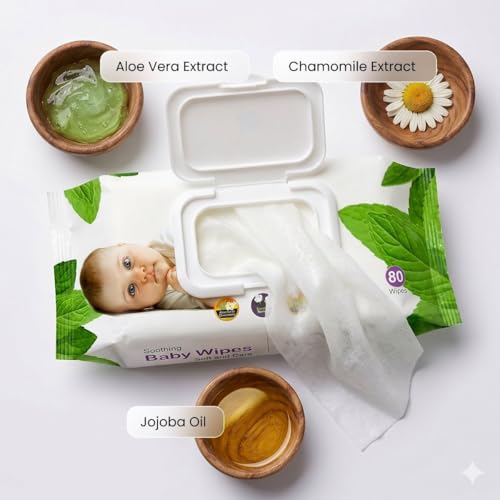 Image of Novel Baby Wet Wipes 72 Wipes x Pack of 5 (360 Wipes) | Aloe Vera, Chamomile, Jojaba Oil, Vitamin E Enriched | pH Balanced, Alcohol, Hypoallergenic & Paraben-Free | Extra Thick & Moist wet | Anti Rash Soft Gentle Baby Wipes
