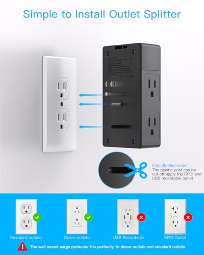 2 Pack Surge Protector, 5 Outlets Extender with 4 USB Ports(USB C), 3-Side 1680J Power Strip Multi Plug Outlet Expander, USB Wall Charger, Outlet... - Image 4