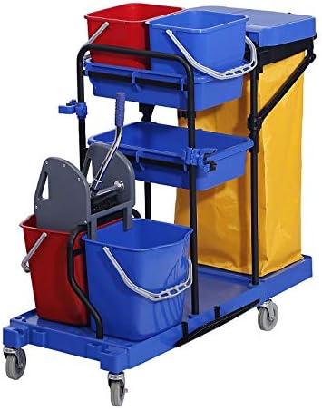 Chiner Helena Multifunctional Cleaning Trolley Complete Professional Double Bucket Cleaning Cart with Press, Side Cubes, Extra Large Canvas Bag with Lid, Wheels and Robust Steel Frame