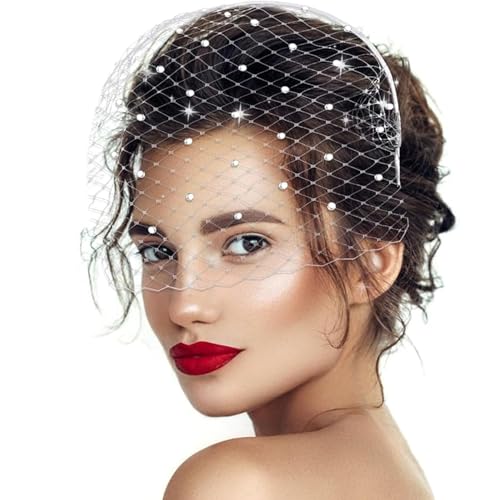 UTXN Fascia per Capelli con Velo Bianco, Cappello Fascinator, Velo in Pizzo Bianco, Accessori da Donna, Fascia Anni '20, veli Corti da Donna con Strass, Velo da Sposa