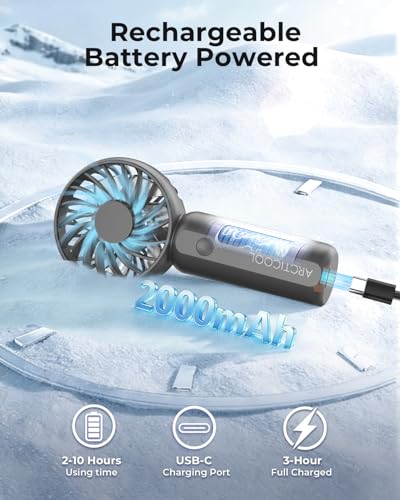 Image of ARCTICOOL Portable Mini Fan - Rechargeable Hand Fan with 3 Adjustable Speeds, 2000mAh Battery, Lightweight Design, Low Noise, and Easy Portability for Indoor and Outdoor Use (Grey)