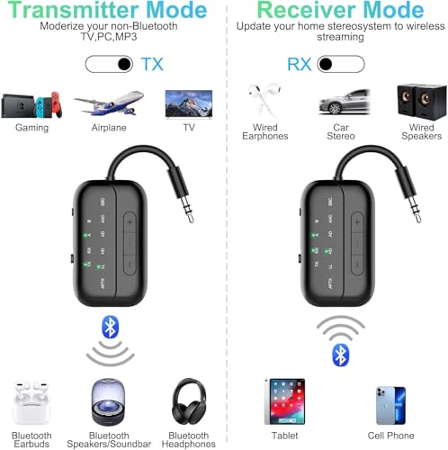 Image of Beeitzie 2 in 1 Bluetooth 5.4 Adapter for Flight TV PC Gym Switch Compatible with 2 AirPods /Headphones; Bluetooth Receiver for Car or Home