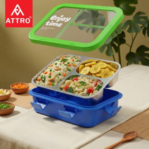 Image of ATTRO JoyBox Steel Lunch Box, 3 Compartment, Stainless Steel Inner Tray, Leakproof Airtight Lid, 4-Side Locks, BPA-Free Food Grade Lunch Box for Kids, School & Office - Green Blue-750ml