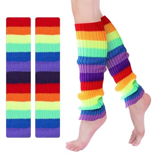Rainbow Leg Warmers 80s Women, Cute Neon Leg Warmers for Girls, Ribbed Knit Leg Warmer Pack for 80s Eighty's Party Sports Yoga