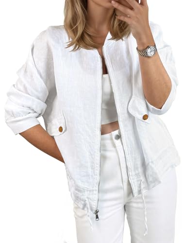 Tankaneo Womens Lightweight Bomber Jackets Casual Zip Up Drawstring Cotton Linen Jacket With Pockets