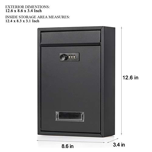 Image of Locking Mailbox Wall Mounted Vertical- Jssmst Mail Boxes with Combination Lock Large Capacity, 12.6 x 8.46 x 3.35 Inch, Black Matt