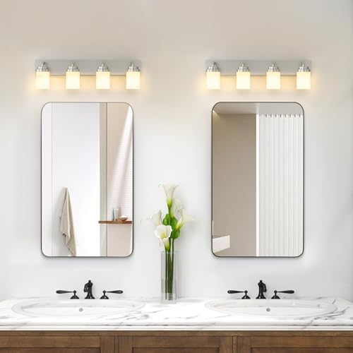 Image of IZORRO Bathroom Vanity Light Fixture, 4-Light 30 Inch Brushed Nickel Bathroom Light Fixtures Over Mirror, with White Glass Shade, Modern Farmhouse Vanity Lights, Rustic Restroom Lighting Fixtures