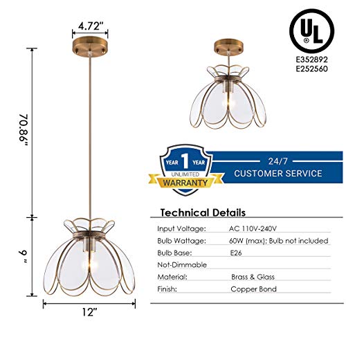 Yifi Deco Adjustable Pendant Light Brass Vintage Glass Lotus Flower Ceiling Pendant Light For Kitchen Island Dining Room Bedroom Living Room, Clear #TOP1