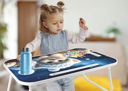 Image of Amazon Brand - Jam & Honey Foldable Laptop Table for Kids 4+ Years, Portable Study Bed Desk with Cup Holder, Tablet Stand & Ludo Game, Cute Cat Design, BIS Certified Safe