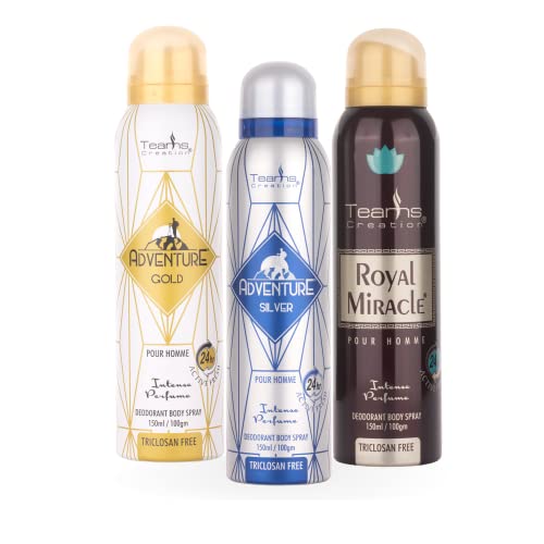 Teams Creation Premium Deodorant Spray Pack for Men & Women | Adventure Gold, Adventure Silver & Royal Miracle | 150ml Each | Triclosan Free | Pour Homme | Long Lasting Fragrance