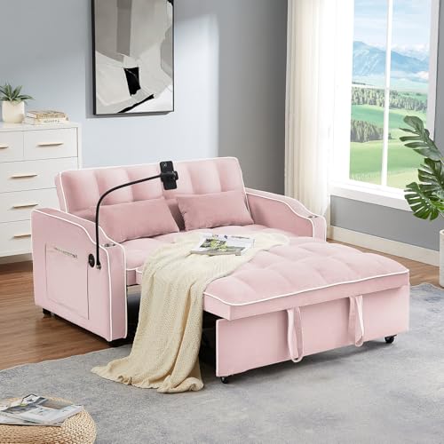 Image of WIIS' IDEA Convertible Sofa Bed,3 in 1 Velvet Sleeper Sofa Pull-Out Bed,55'' Loveseat Sleeper Sofa Bed with Adjustable Backrest with 2 Pillows and Storage Bag & USB Port and Swivel Phone Stand,Pink
