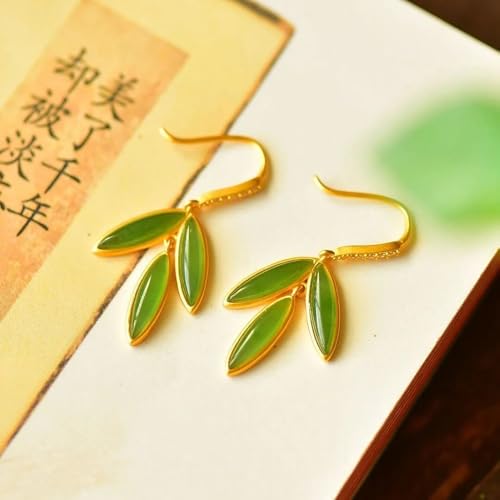 Pendientes de botón de plata S925, jade verde y hojas de bambú 2
