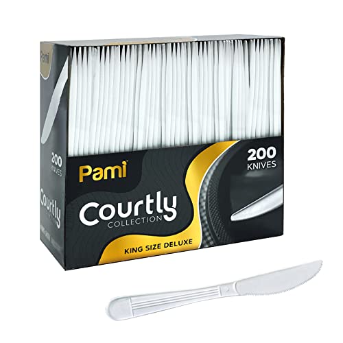 PAMI Heavy Weight Disposable Plastic Knives [200-Pack] - Bulk King Size Deluxe White Plastic Silverware For Parties, Weddings, Catering Food Stands, Takeaway- Heavy-Duty Single-Use Partyware Knives
