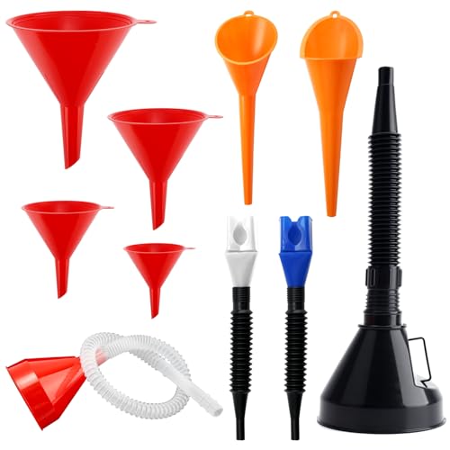 10Pcs Funnels for Automotive Use,Automotive Funnels Set,Wide Mouth Fuel Funnel, Plastic Long Neck Oil Funnel,Flexible Oil Funnel Kit with Spout and Filter for Filling Coolant, Engine Oil, Gasoline