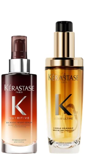 Kérastase Nutritive, Rutina Reparadora con Sérum de Noche 8H Magic Night y Aceite Antiencrespamiento Elixir Ultime, Revitaliza, Nutre y Repara, 90 ml + 75 ml
