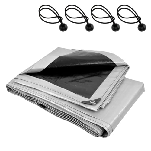 Heavy-Duty Waterproof Silver Tarpaulin 3 x 4 m - 260 GSM PE Tarp with 4 Ball Bungees - UV Resistant, Mould-Proof, Tear-Resistant Cover for Roofing, Camping, Garden, Construction - Reinforced Edges