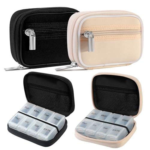 Image of 2 Packs Weekly Travel Pill Organizer for Purse with Removable 7 Day Pill Box Premium Neoprene Pill Container for Travel Purse Accessory, Vitamin, Supplement, Small Pieces Arrangement-Black and Cream