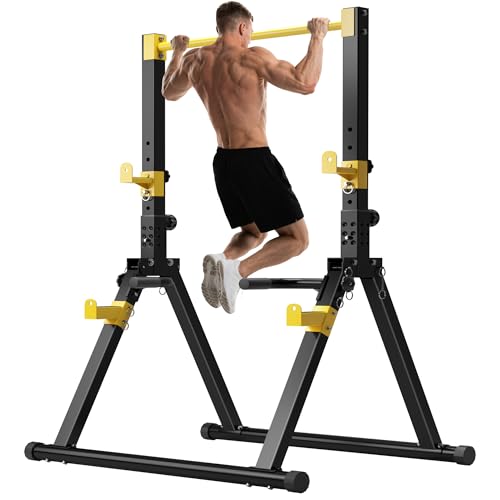DlandHome Foldable Power Tower Pull Up Bar Dip Station, Adjustable Height Multifunction Workout Pull Up Tower Station for Home Gym, Strength Training Equipment, Triangular Legs, Up to 330lbs, Yellow