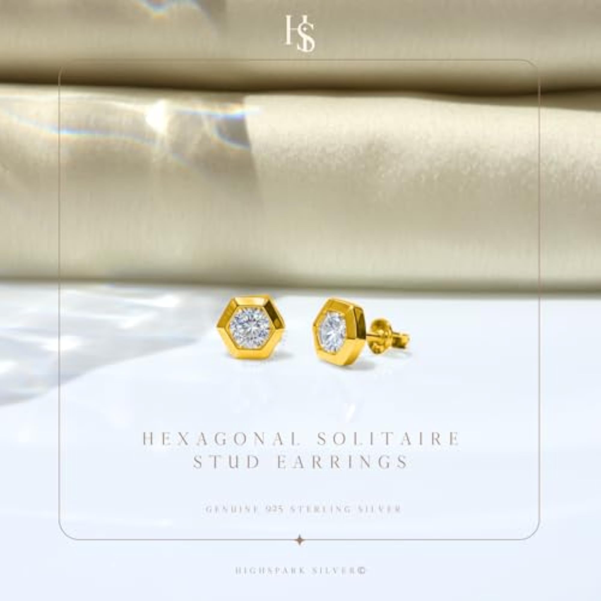 Women's 925 Silver Hexagon Solitaire Earrings in 18K Gold Finish