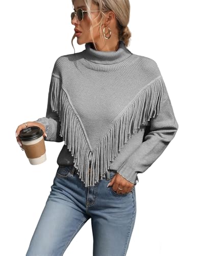 crazy bean Maglione Collo Alto Lungo Donna Pesante Moda Maglioni con Frange Manica Lunga Pullover Manica Lunga Slim Fit Caldo Grigio XL