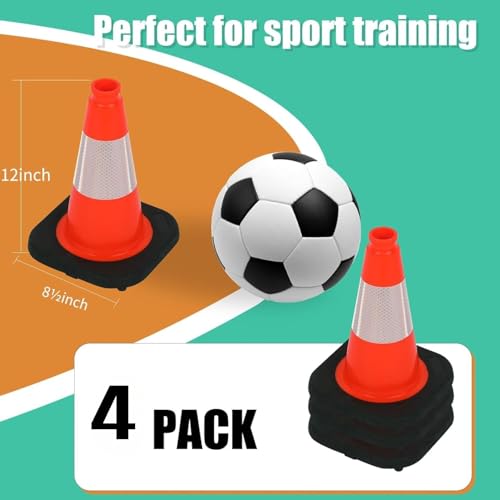 Image of BESEA 4 Pack 12 Inch Red Traffic Cones with 4 Inch Reflective Collar, Heavy Duty PVC Safety Cones with 8.5 x 8.5 Inch Base for Parking, Driving Practice, Sports Training, and Construction