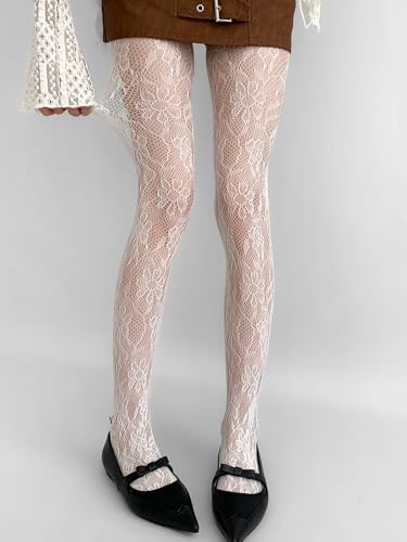 Image of RoseSeek Women's 1 Pair Floral Lace Hollow Out Sheer Stockings High Waist Tights Pantyhose Tights