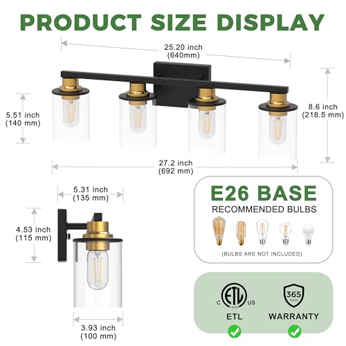 Image of DORESshop Bathroom Vanity Light Fixture Over Mirror 4-Light Black and Gold