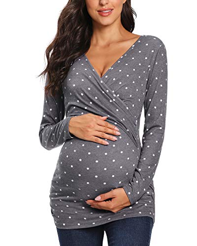 Glampunch Women's Maternity Nursing Tops Long Sleeve Breastfeeding Top Tee Shirt Double Layer Pregnancy Shirt(Floral 45,L) #TOP17