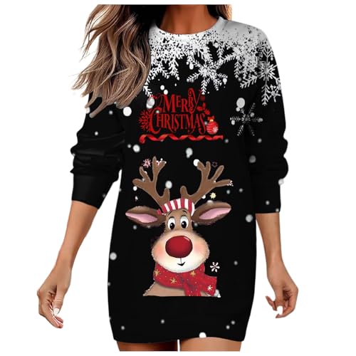 Weihnachtskleid Damen Elegant, Weihnachtsoutfit Damen Elegant, Weihnachtskleid Merry Christmas Kleid Langarm Rundhals Druckertes Sweatshirtkleid...