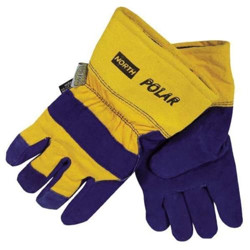 Honeywell 70/6465NK North Polar Cowhide Thinsulate Lined Cold Weather Gloves with Wing Thumb, Safety Cuffs and Knit Wrist, Large Blue and Yellow