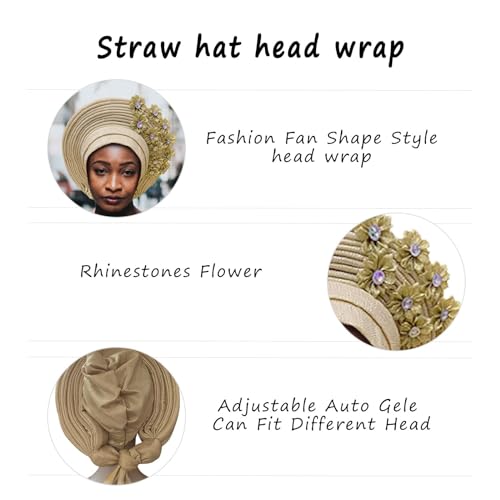 Fashion Nigerian Gele Headties with Stones Women Head Wrap Beaded Lace Already Made Auto African Headtie for Party4