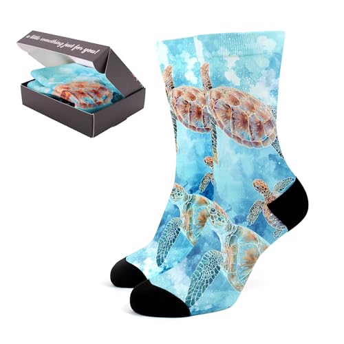 AKENHZY Sea Turtle Print Socks for Men Women Cute Crew Socks Gifts for Sea Turtle Lover